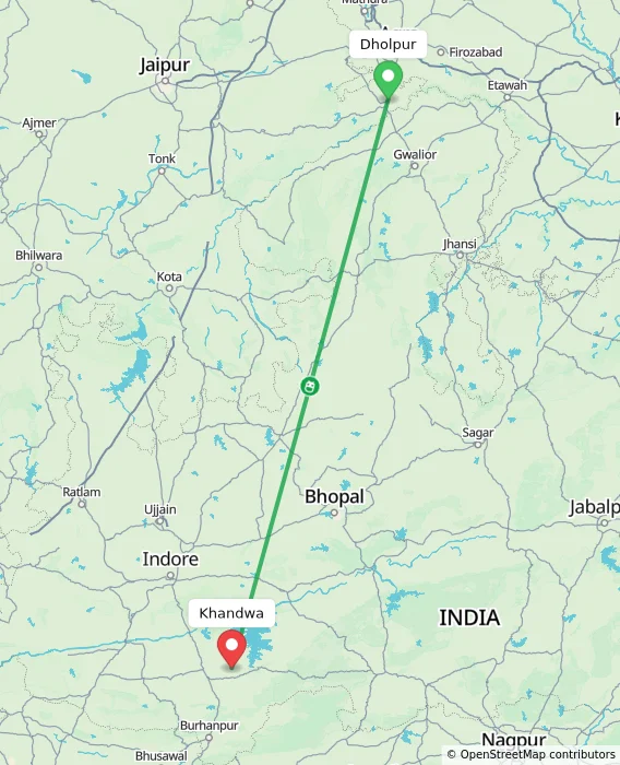 Route map showing distance and travel time from Dholpur, India to Khandwa, India