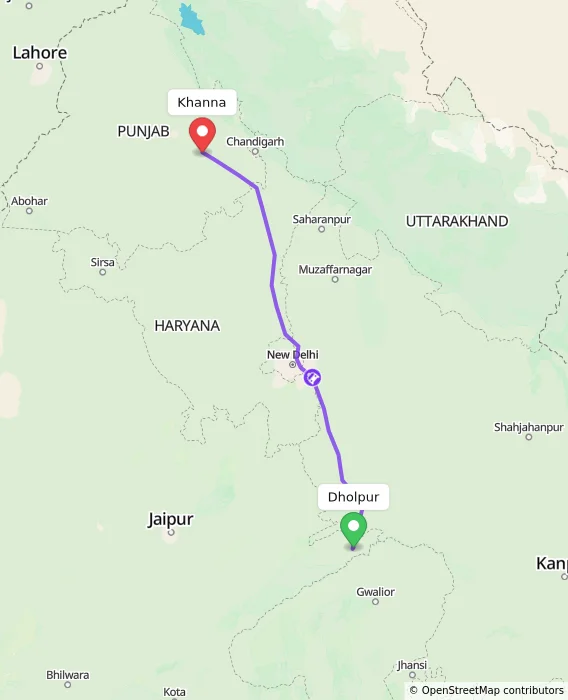 Route map showing distance and travel time from Dholpur, India to Khanna, India