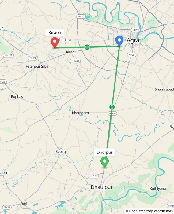 Route map showing distance and travel time from Dholpur, India to Kiraoli, India
