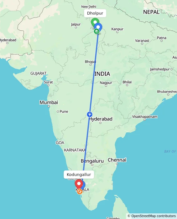 Route map showing distance and travel time from Dholpur, India to Kodungallur, India