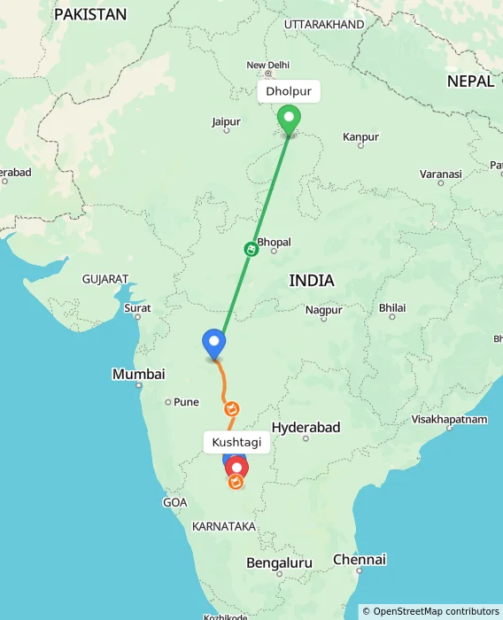 Route map showing distance and travel time from Dholpur, India to Kushtagi, India