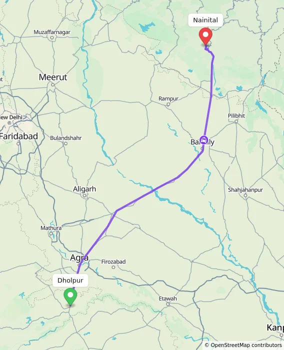Route map showing distance and travel time from Dholpur, India to Nainital, India