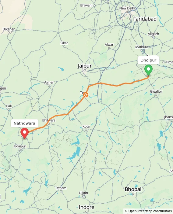 Route map showing distance and travel time from Dholpur, India to Nathdwara, India
