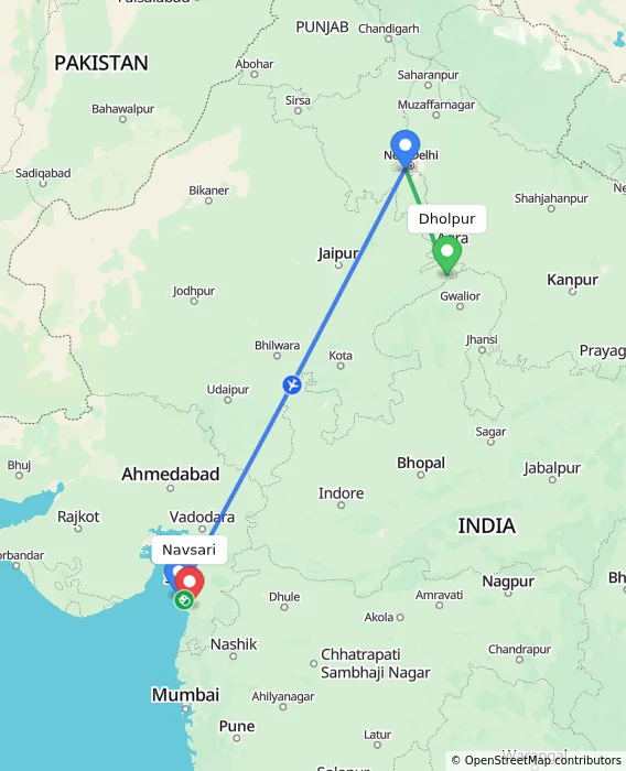 Route map showing distance and travel time from Dholpur, India to Navsari, India