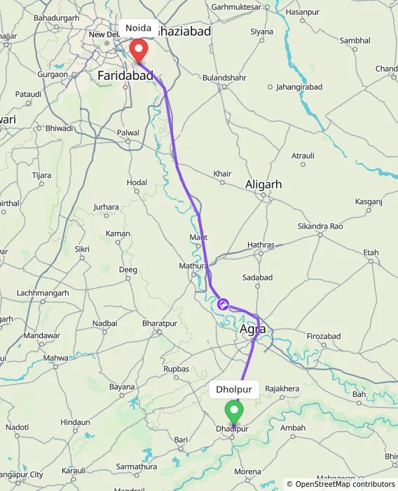 Route map showing distance and travel time from Dholpur, India to Noida, India