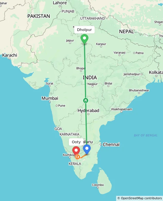 Route map showing distance and travel time from Dholpur, India to Ooty, India