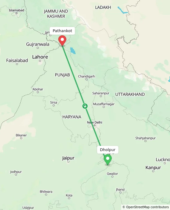 Route map showing distance and travel time from Dholpur, India to Pathankot, India