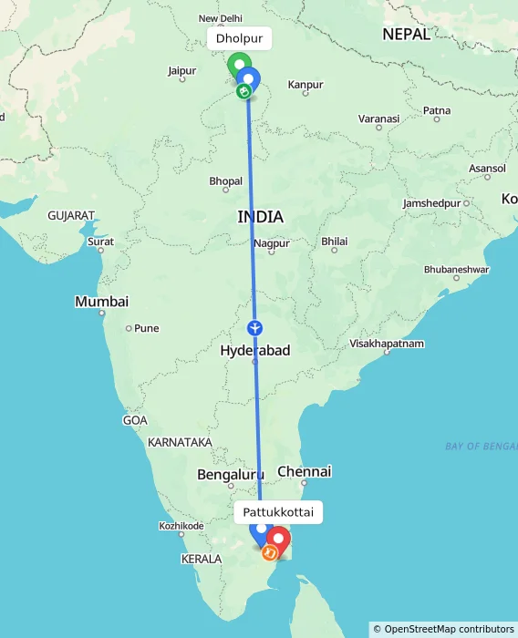 Route map showing distance and travel time from Dholpur, India to Pattukkottai, India