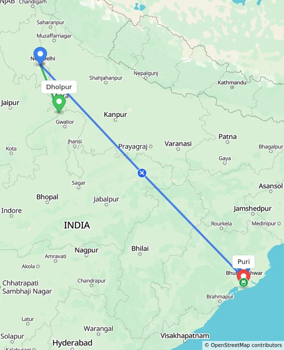Route map showing distance and travel time from Dholpur, India to Puri, India