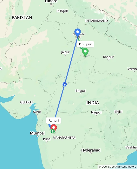 Route map showing distance and travel time from Dholpur, India to Rahuri, India