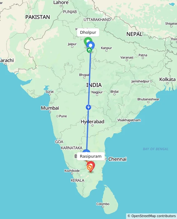 Route map showing distance and travel time from Dholpur, India to Rasipuram, India