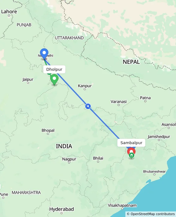 Route map showing distance and travel time from Dholpur, India to Sambalpur, India