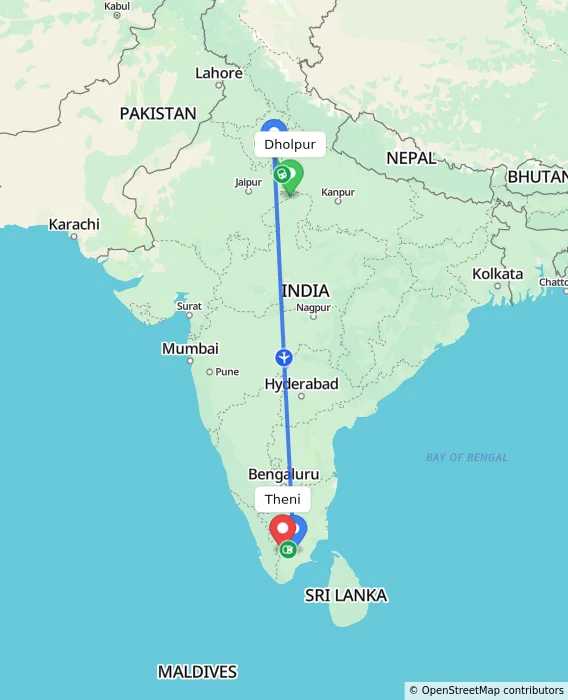 Route map showing distance and travel time from Dholpur, India to Theni, India