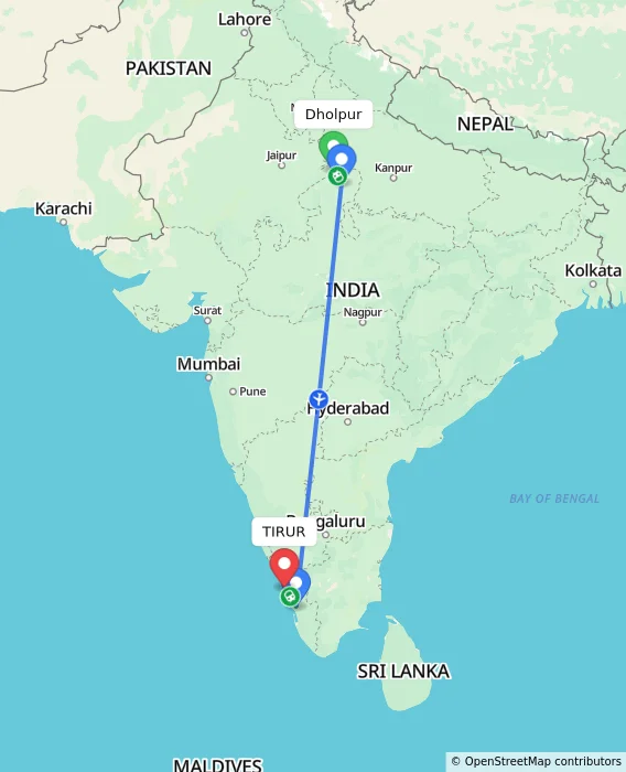 Route map showing distance and travel time from Dholpur, India to TIRUR, India