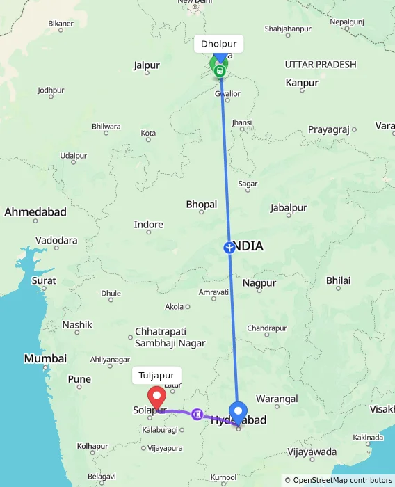 Route map showing distance and travel time from Dholpur, India to Tuljapur, India