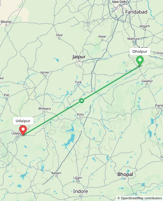 Route map showing distance and travel time from Dholpur, India to Udaipur, India