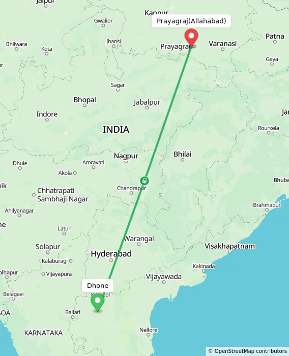 Route map showing distance and travel time from Dhone, India to Allahabad, India