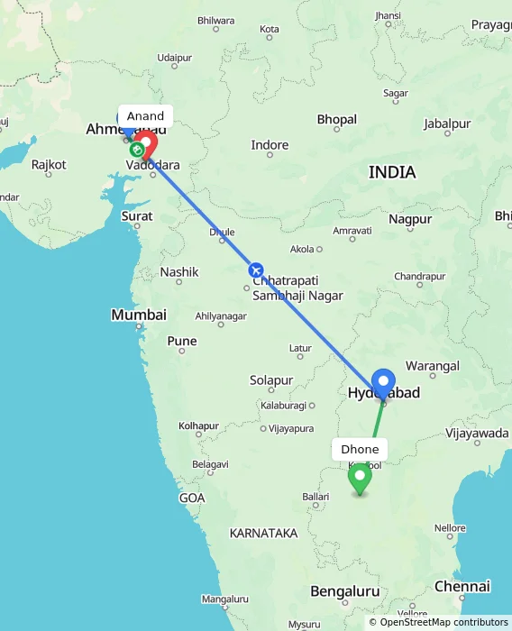 Route map showing distance and travel time from Dhone, India to Anand, India