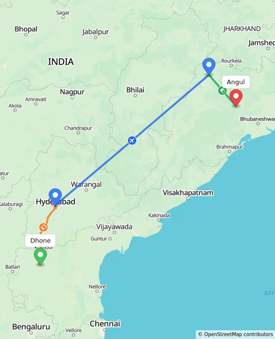 Route map showing distance and travel time from Dhone, India to Angul, India