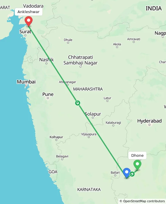 Route map showing distance and travel time from Dhone, India to Ankleshwar, India