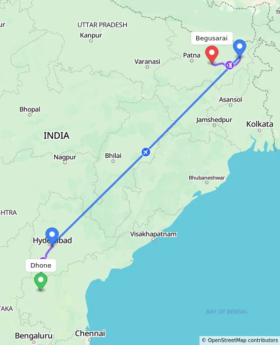 Route map showing distance and travel time from Dhone, India to Begusarai, India