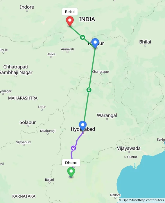 Route map showing distance and travel time from Dhone, India to Betul, India