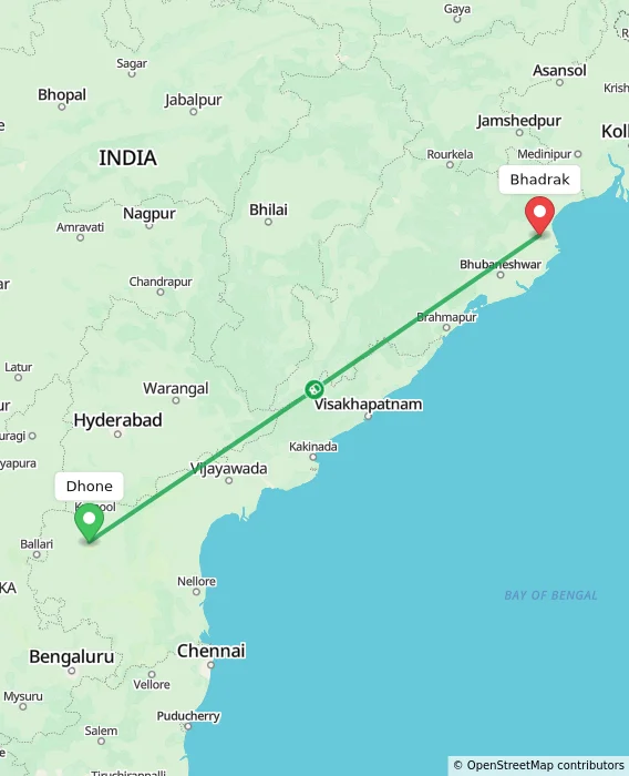 Route map showing distance and travel time from Dhone, India to Bhadrak, India