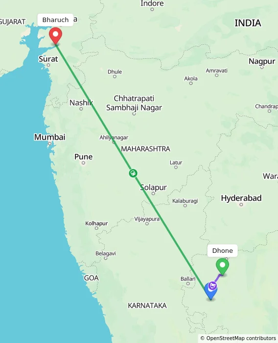 Route map showing distance and travel time from Dhone, India to Bharuch, India