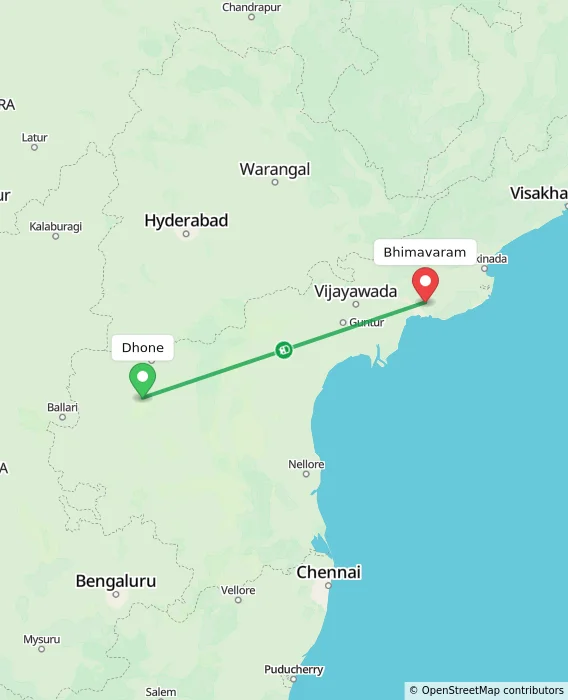 Route map showing distance and travel time from Dhone, India to Bhimavaram, India