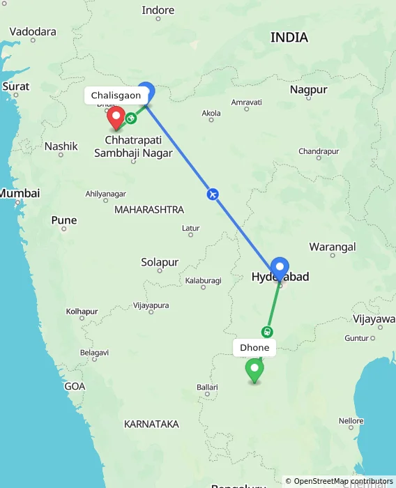 Route map showing distance and travel time from Dhone, India to Chalisgaon, India