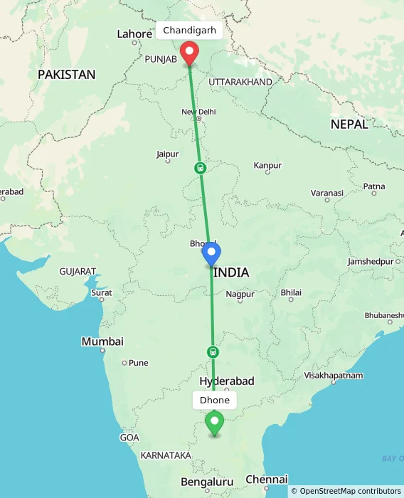 Route map showing distance and travel time from Dhone, India to Chandigarh, India