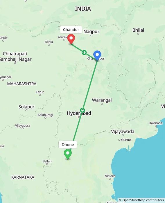 Route map showing distance and travel time from Dhone, India to Chandur, India