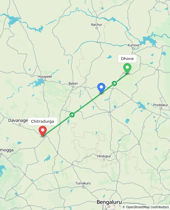 Route map showing distance and travel time from Dhone, India to Chitradurga, India