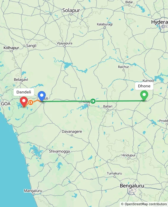 Route map showing distance and travel time from Dhone, India to Dandeli, India
