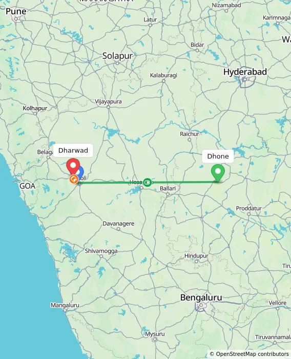 Route map showing distance and travel time from Dhone, India to Dharwad, India