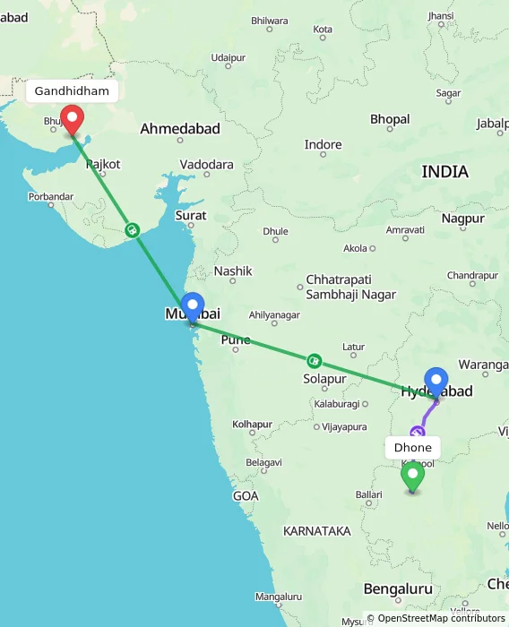 Route map showing distance and travel time from Dhone, India to Gandhidham, India