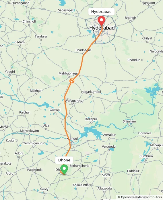 Route map showing distance and travel time from Dhone, India to Hyderabad, India