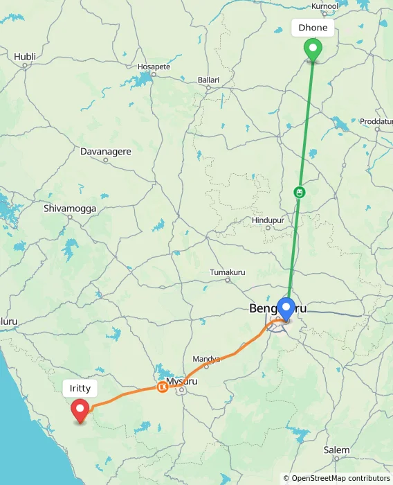 Route map showing distance and travel time from Dhone, India to Iritty, India