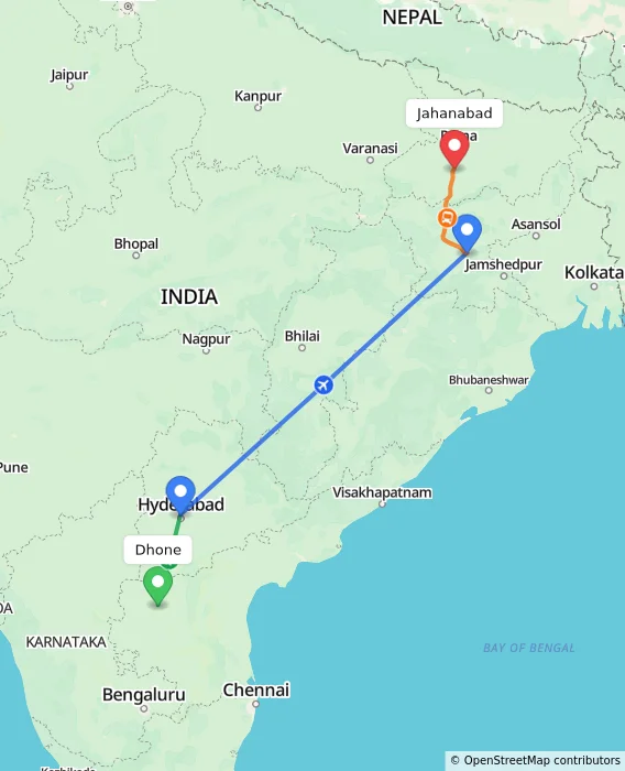 Route map showing distance and travel time from Dhone, India to Jahanabad, India