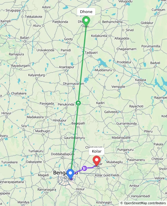 Route map showing distance and travel time from Dhone, India to Kolar, India