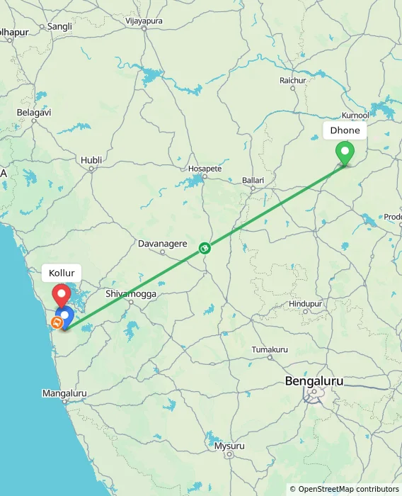 Route map showing distance and travel time from Dhone, India to Kollur, India