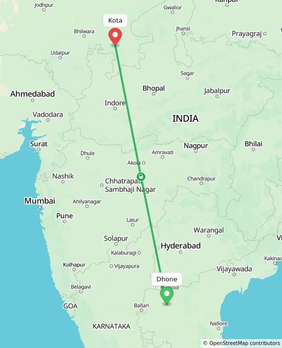 Route map showing distance and travel time from Dhone, India to Kota, India