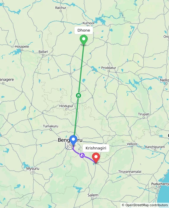 Route map showing distance and travel time from Dhone, India to Krishnagiri, India