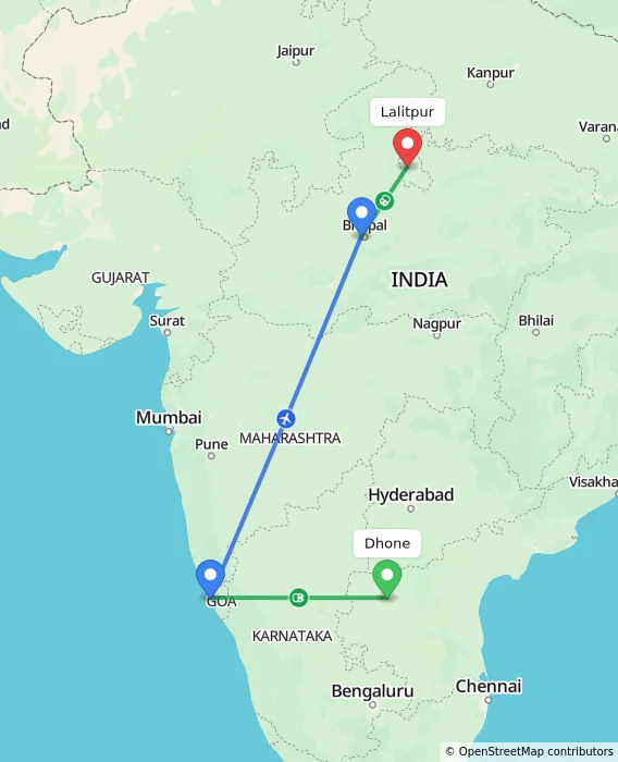 Route map showing distance and travel time from Dhone, India to Lalitpur, India