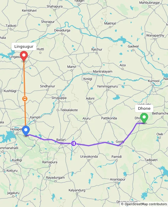 Route map showing distance and travel time from Dhone, India to Lingsugur, India