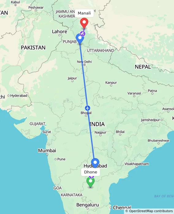 Route map showing distance and travel time from Dhone, India to Manali, India