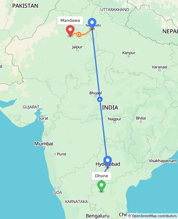Route map showing distance and travel time from Dhone, India to Mandawa, India