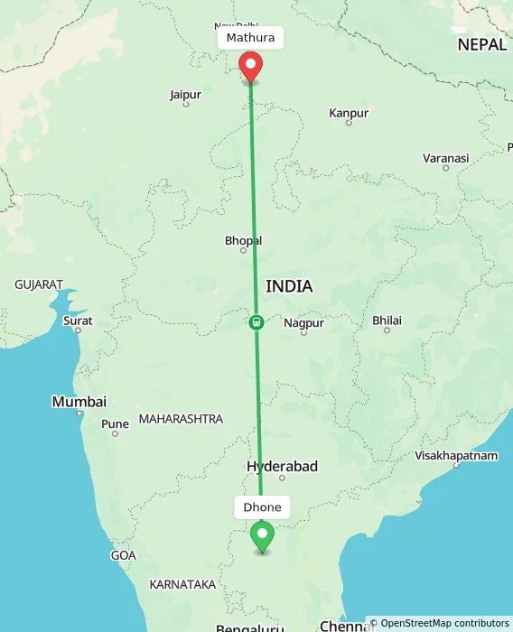 Route map showing distance and travel time from Dhone, India to Mathura, India