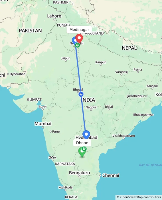 Route map showing distance and travel time from Dhone, India to Modinagar, India