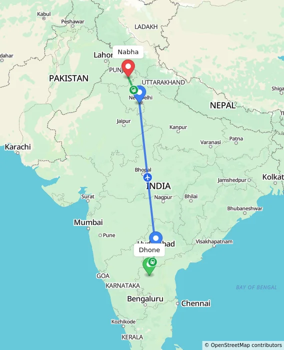 Route map showing distance and travel time from Dhone, India to Nabha, India